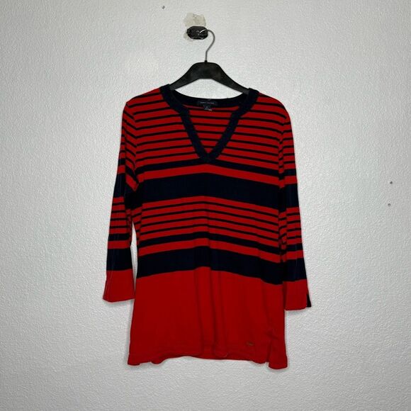 Woman’s Tommy Hilfiger Red and Blue Striped V-Neck Blouse Size M - Picture 1 of 5